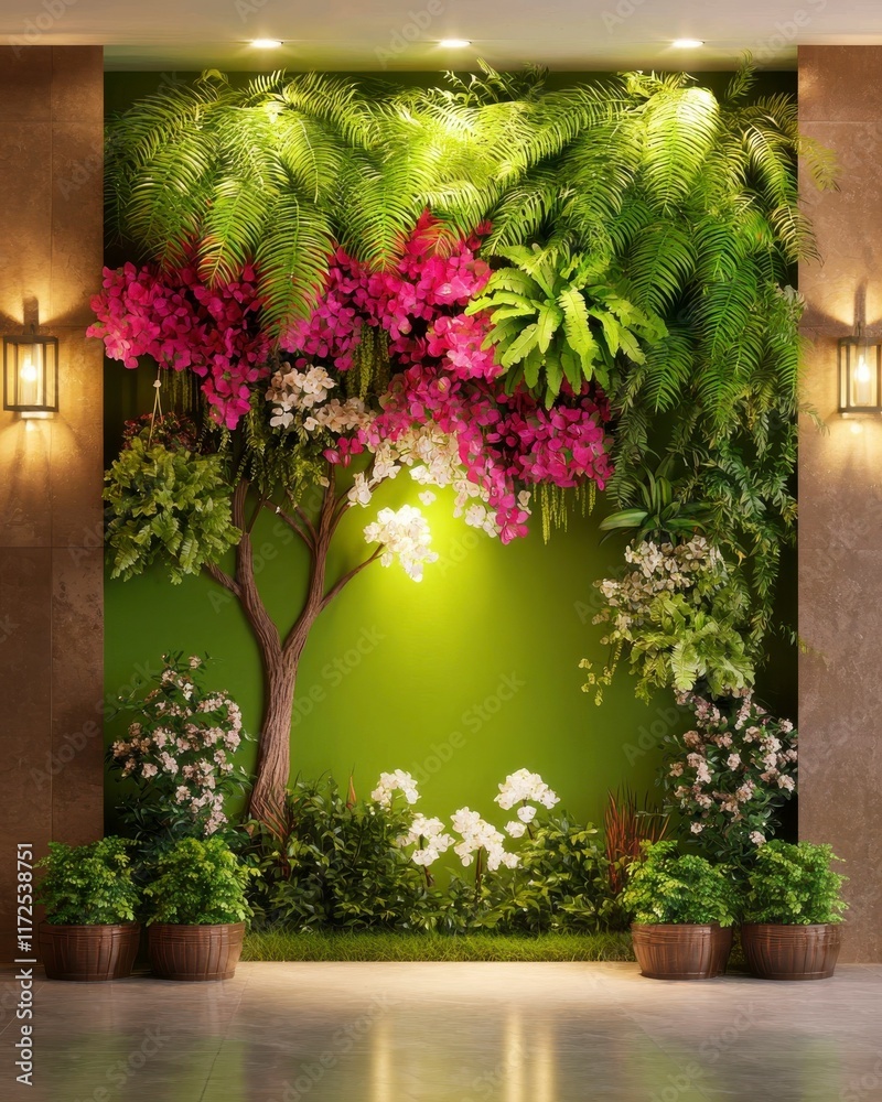 Fototapeta premium Lush Indoor Vertical Garden with Vibrant Bougainvillea and Tropical Ferns Against a Green Wall in a Modern Interior Setting