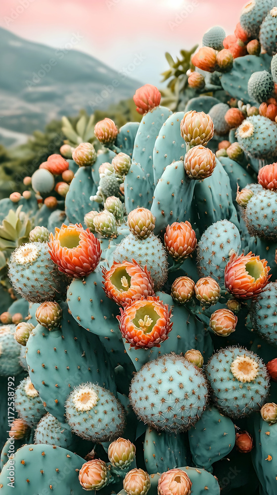Fototapeta premium Close-up view of prickly pear cactus with vibrant red and green fruits against a blurred mountain backdrop.