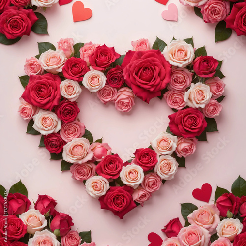 Heart-shaped wallpaper with intertwined red and pink roses, glowing hearts, soft gradient background, Valentine's Day theme