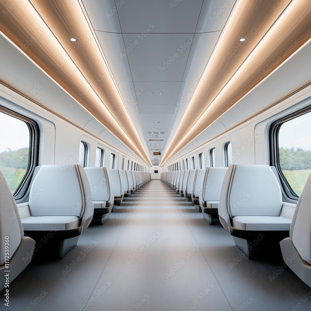 Obraz premium Modern and Sleek Train Interior with Comfortable Seats and Clean Design, Perfect for Travel and Commuting, Showcasing Contemporary Transport Experience