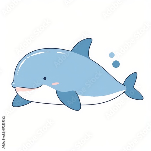 A cute, cartoonish blue dolphin swimming with a friendly expression, accompanied by a few bubbles above it. photo