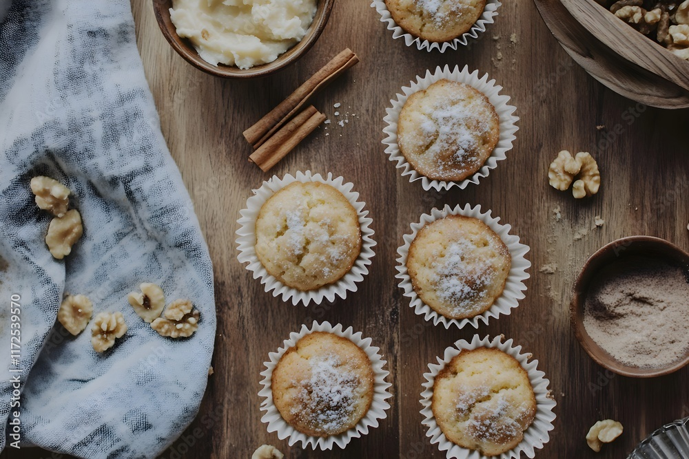 Zoom on banana muffins surrounded by baking essentials and ingredients on a cozy kitchen counter