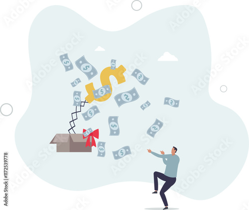 Surprise money or reward, bonus or salary raise, investment profit, dividend or high return stock, lucky giveaway or winning prize concept.flat characters.