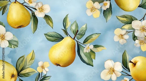 Watercolor pears and apples surrounded by blossoming flowers, arranged on a gradient pastel background, soft and vivid tones, seamless artistic design, hd precision, elegant composition.