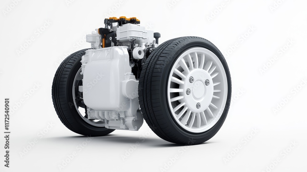 Sleek Engine Design with Modern White Tires on a Minimalistic Background Perfect for Automotive Technology and Engineering Concepts Sleek Engine Design with Modern White Tires on a Minimalistic Background Perfect for Automotive Technology and Engineering Concepts