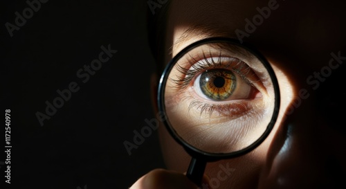 Close-up of female eye through magnifying glass in dramatic light photo