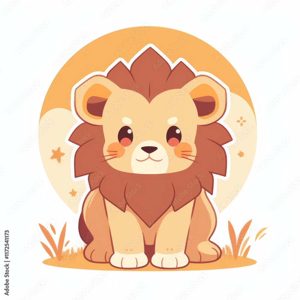 A cute cartoon lion with a friendly expression, sitting against a warm, circular background with stars, embodying a playful and adorable design. A cute cartoon lion with a friendly expression, sitting against a warm, circular background with stars, embodying a playful and adorable design.