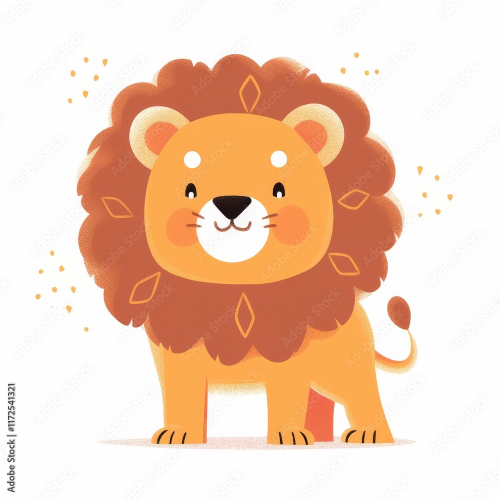 Obraz premium A cute, cartoon-style lion with a fluffy mane and a friendly expression, surrounded by light, playful accents.