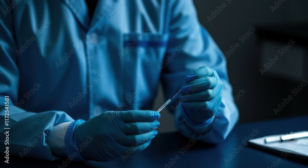 Scientist in laboratory handling test sample in dimly lit environment Scientist in laboratory handling test sample in dimly lit environment