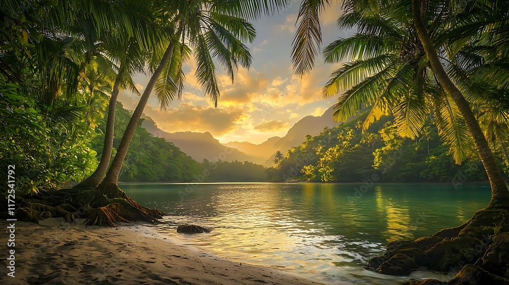 Tropical Paradise: Capture the idyllic serenity of a sun-kissed lagoon, where palm trees frame the majestic silhouettes of rolling mountains under a vibrant sky. Tropical Paradise: Capture the idyllic serenity of a sun-kissed lagoon, where palm trees frame the majestic silhouettes of rolling mountains under a vibrant sky.