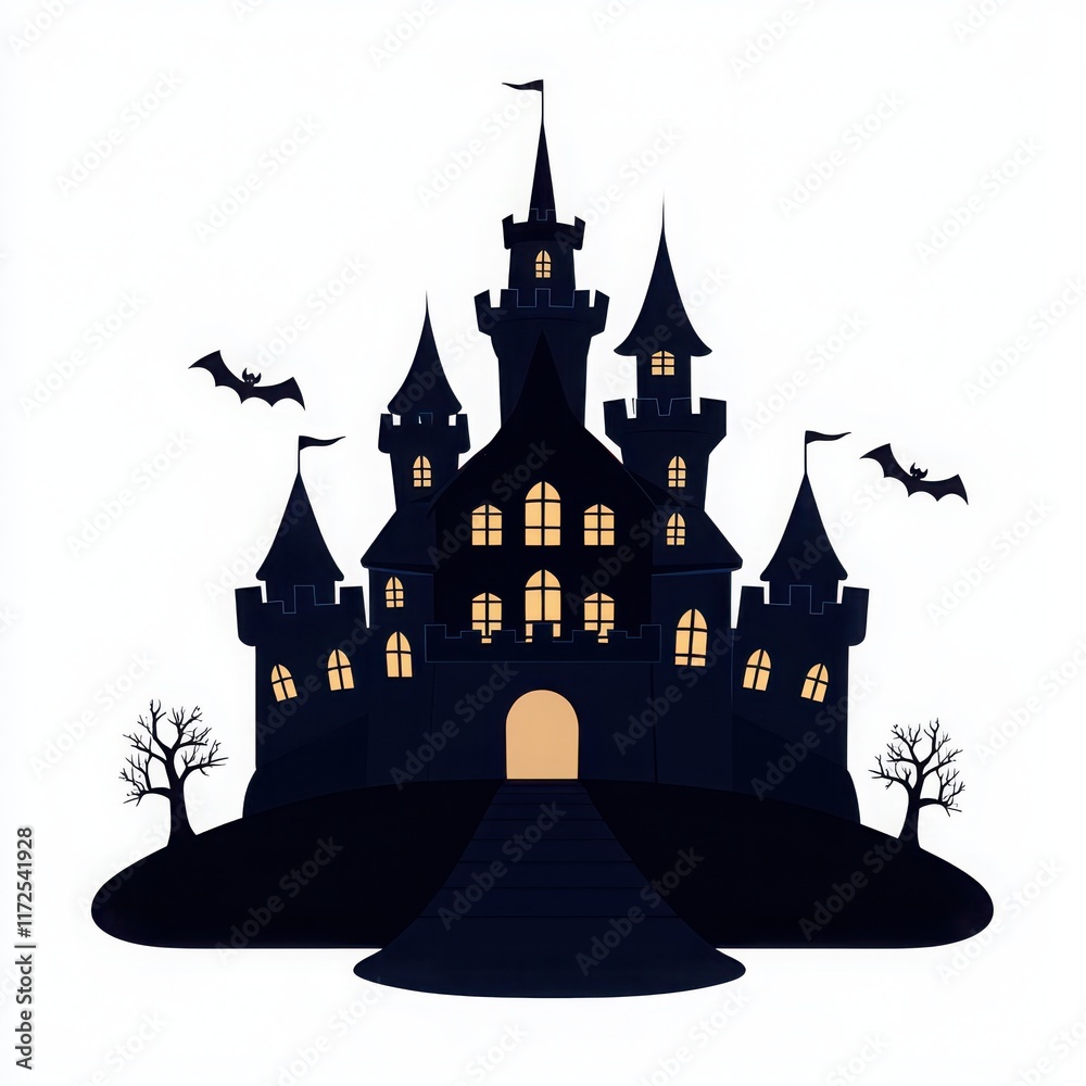 Obraz premium Haunted castle silhouette with bats on a white isolated background.