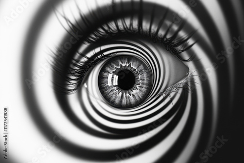 A hypnosis spiral in a human eyeball loop in black and white ,monochrome colour.