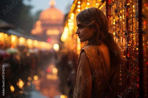 Behold wondrous metamorphosis of urban landscape, as rain bestows upon it a celestial lens, revealing a resplendent panorama of familiar edifices and iconic monuments, adorned in a shimmering tapestry photo