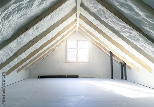 A photograph of an attic with polystyrene foam pouring from the roof, white and wooden beams visible, an empty room without furniture, white walls, no windows, a small air conditioner on the wall,