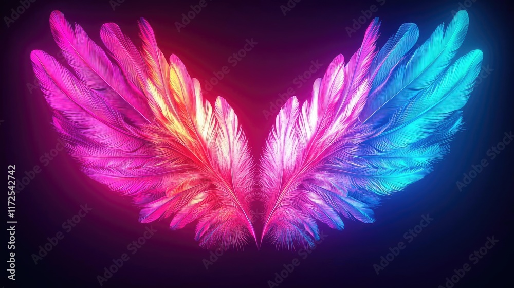 Obraz premium Feather abstract background idea. Vibrant digital wings with colorful feathers, showcasing beauty and creativity.