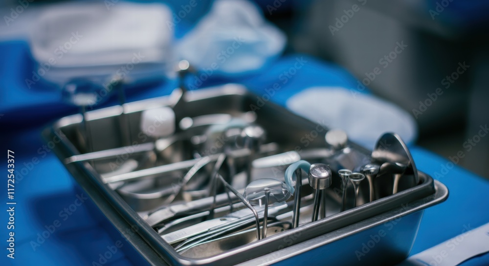 Surgical instruments in metal tray on blue sterile medical cloth in operating room Surgical instruments in metal tray on blue sterile medical cloth in operating room