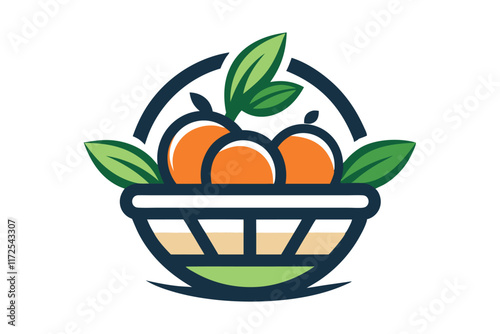 A logo representing a community food pantry, showcasing a basket filled with oranges and leaves, A logo for a local food pantry that features a stylized fruit basket