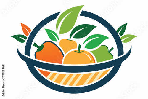 This logo represents a community food pantry with vibrant fruits and vegetables in a basket, A logo for a local food pantry that features a stylized fruit basket