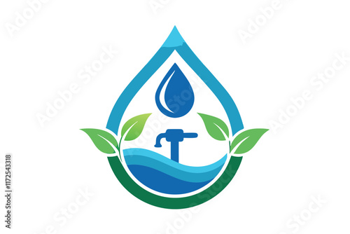 This logo illustrates the concept of water conservation with a faucet, droplets, and green leaves, A logo that captures the essence of water conservation with minimalistic elements