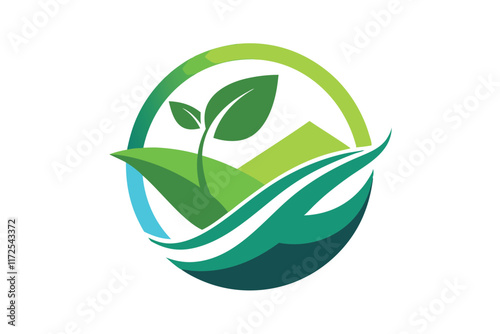 This logo illustrates sustainability through green leaves and waves, promoting eco-conscious practices and growth, Create a minimalist logo that embodies the concept of sustainability