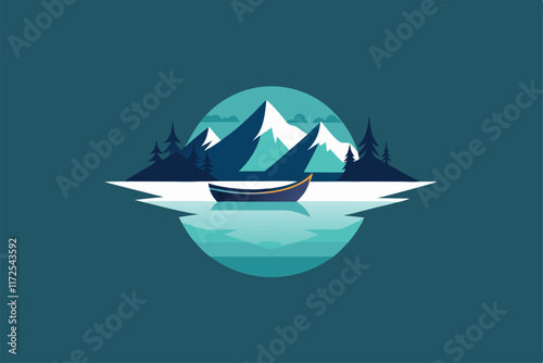 A tranquil canoe floats on a still lake with picturesque mountains in the background under clear skies, A lone canoe drifting on a glassy lake, minimalist simple modern vector logo design