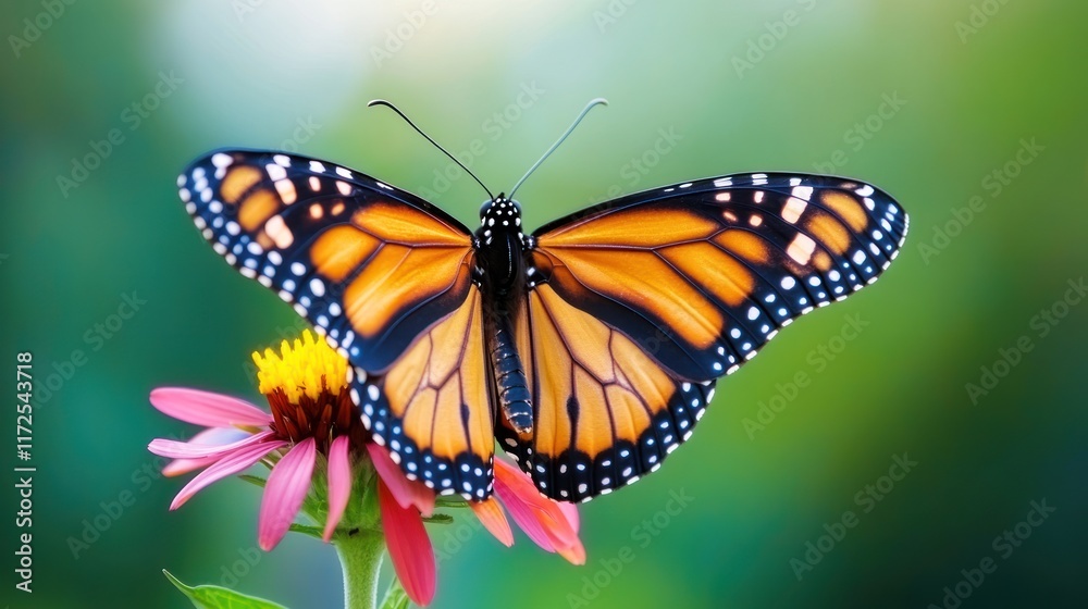 Fototapeta premium A vibrant monarch butterfly perched on a colorful flower.