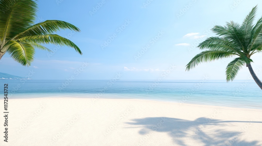 Serene beach scene with palm trees and calm waters. Serene beach scene with palm trees and calm waters.
