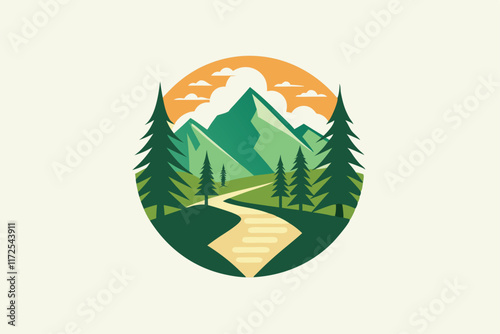 Explore a serene hiking trail winding through vibrant greenery at dawn, A minimalist depiction of a hike through a dense forest, minimalist simple modern vector logo design photo