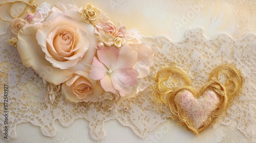 A delicate arrangement of roses and lace with a heart motif, evoking romance and beauty.