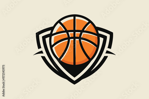 A simple yet striking design showcases a basketball enclosed within a shield, emphasizing sports spirit, A minimalist design featuring a basketball, minimalist simple modern vector logo design