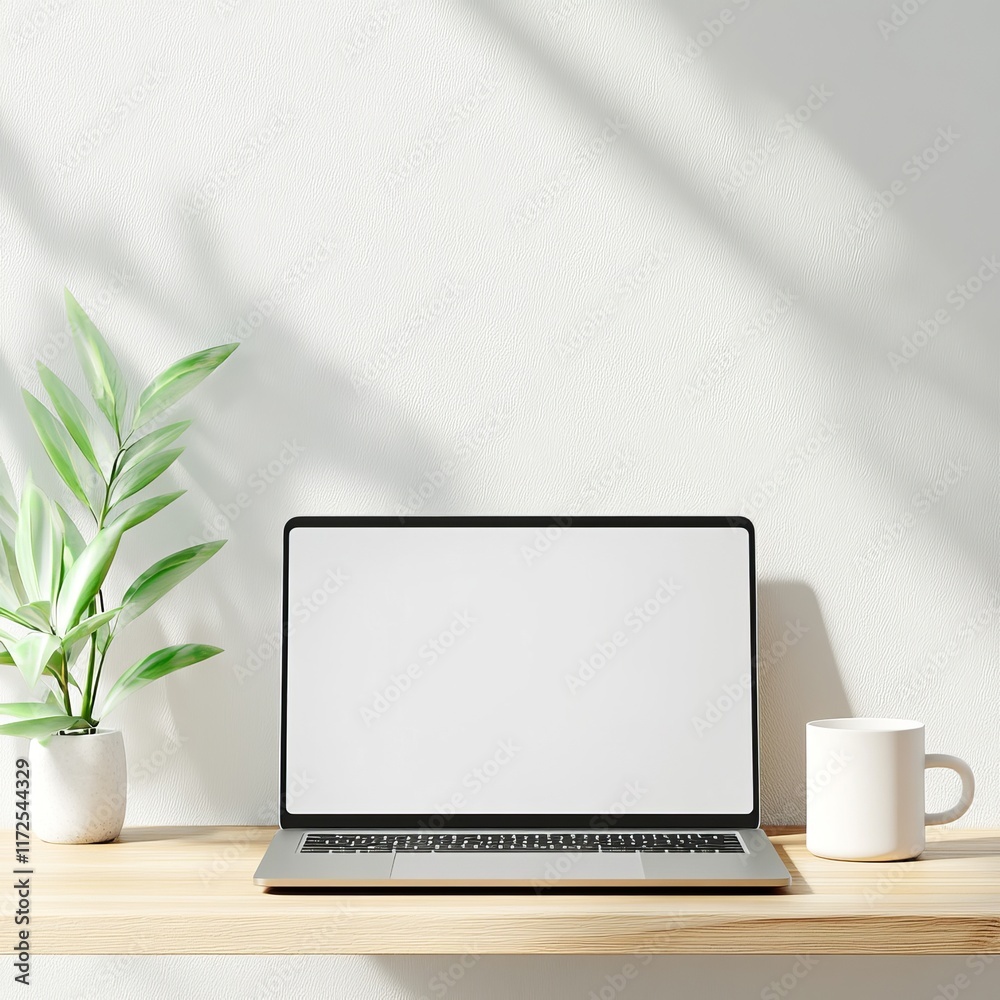 Fototapeta premium Modern Minimalist Workspace with a Blank Laptop Screen, Potted Plant, and Soft Shadows on a Neutral Wall Background for Creative Inspiration