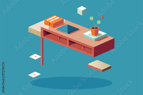 A modern, floating desk setup featuring a small plant and organized stationery items, A minimalist desk with a floating design and hidden storage compartments