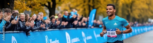 A runner smiles while crossing the finish line, cheered on by an enthusiastic crowd.