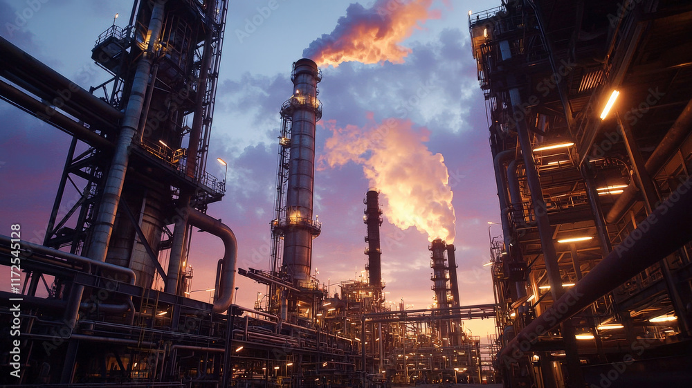 A massive oil refinery at dusk, featuring intricate pipelines and glowing towers emitting light smoke, with workers in protective gear inspecting machinery under a vibrant sky. A massive oil refinery at dusk, featuring intricate pipelines and glowing towers emitting light smoke, with workers in protective gear inspecting machinery under a vibrant sky.