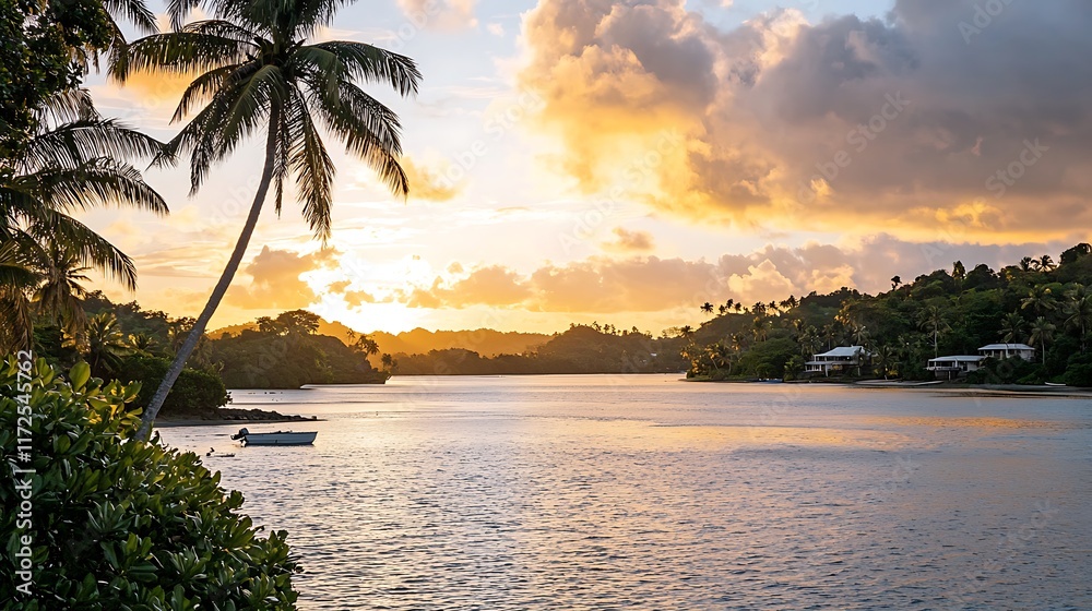 Obraz premium Sunset Paradise: A serene lagoon nestled amongst lush tropical foliage, with a vibrant sunset painting the sky in hues of gold and pink. A lone boat peacefully rests on the tranquil waters.