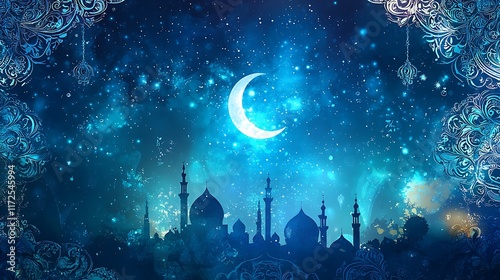 Night of Stars and Mosques: A crescent moon hangs in a vibrant blue night sky, adorned with sparkling stars above a silhouette of majestic mosques. photo