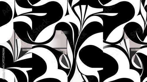 Monochromatic Floral Rhapsody: Abstract black and white floral pattern, seamless repeat, elegant, stylish, modern art deco design. Perfect for textile, wallpaper, fashion.