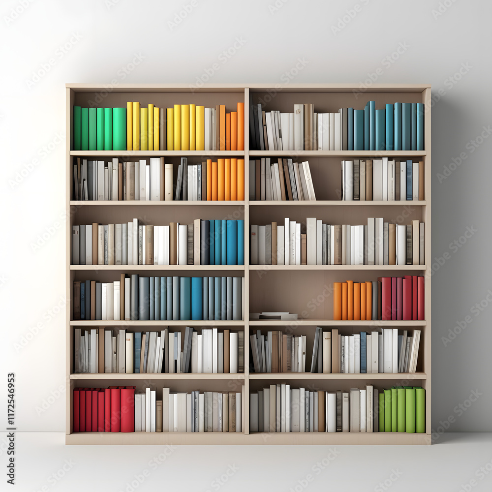 Fototapeta premium modern bookshelf filled with books of various sizes and colors, showcasing vibrant arrangement of spines. organized display adds touch of elegance to any space