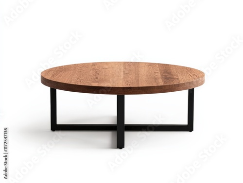 Modern round wooden coffee table with black metal legs, ideal for stylish interiors. photo