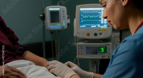 Female nurse monitoring patient's vitals in hospital room with medical equipment
