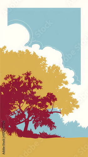 Wallpaper Mural Print Press Style Poster. Abstract serene landscape dominated by a large tree with dense foliage. Boarder. Space For Copy. Marketing. Home Art. Torontodigital.ca