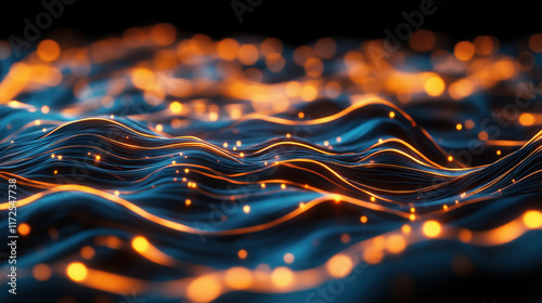 A vibrant abstract image depicting flowing waves of light in blue and orange tones, creating a dynamic and energetic visual effect.