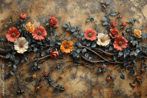 Clay flowers and vines on textured wall, decorative art