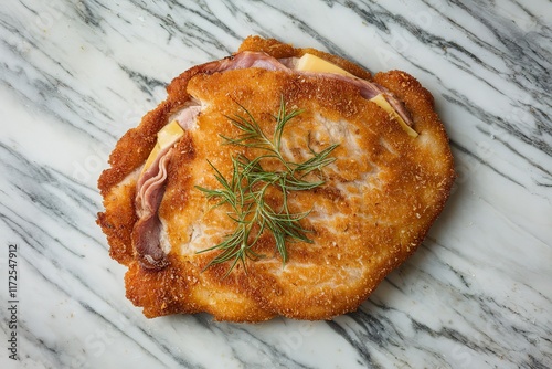 a golden-brown schnitzel cordon bleu fillet cutlet with ham and cheese