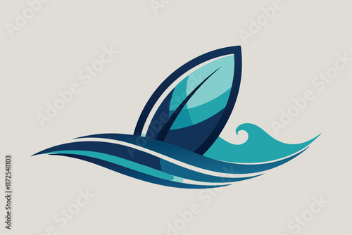 This design showcases a sleek surfboard gliding across stylized ocean waves, A minimalist logo of a surfboard cutting through a wave, minimalist simple modern vector logo design