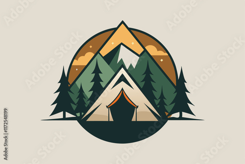 A simple yet evocative logo depicting a tent nestled amid towering mountains and lush trees, A minimalist logo with the of a mountain peak
