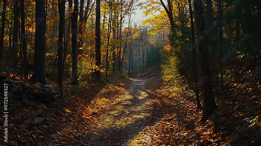 Fototapeta premium Sunlit autumn path through forest, leaves, trees, shadows.