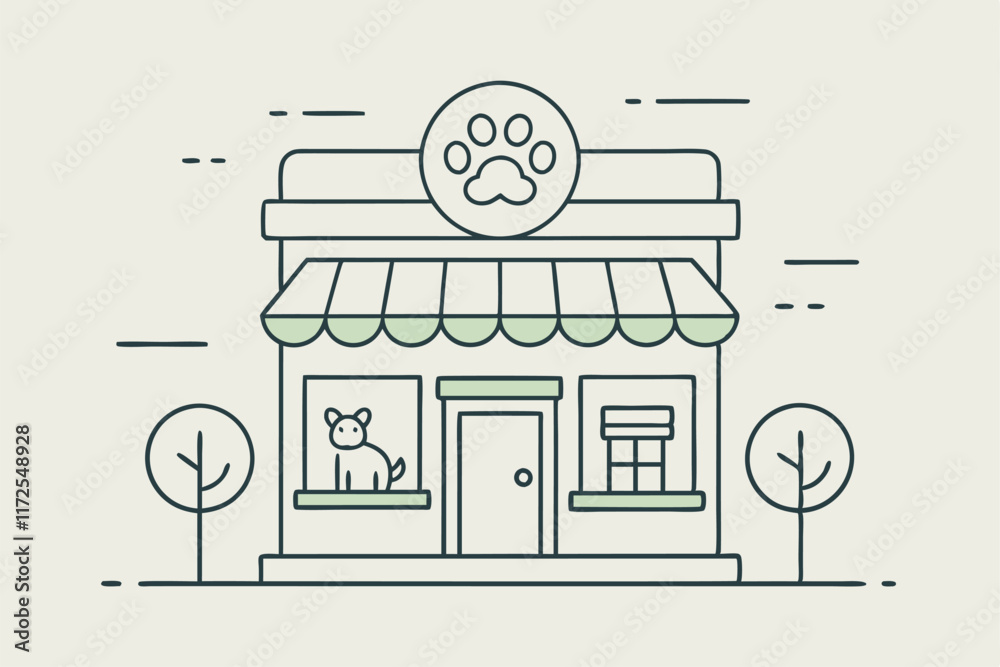 custom made wallpaper toronto digitalA simple outline design of a pet store featuring a dog in the window and trees outside, A minimalist outline of a pet store front, minimalist simple modern vector logo design