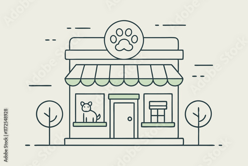 Wallpaper Mural A simple outline design of a pet store featuring a dog in the window and trees outside, A minimalist outline of a pet store front, minimalist simple modern vector logo design Torontodigital.ca