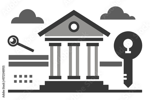 A minimalist representation features a banking institution with distinct columns, key, and symbolic elements, An abstract representation of a boarding pass with a minimalist twist